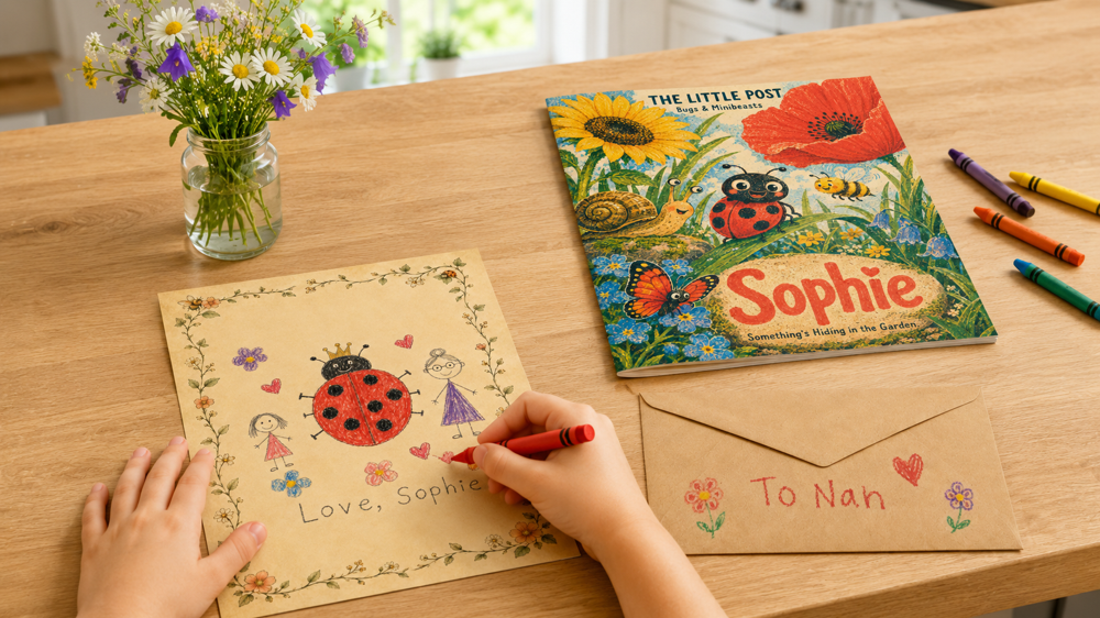 A personalised edition of The Little Post arriving by post — the child's letter, their edition, and a reply card.