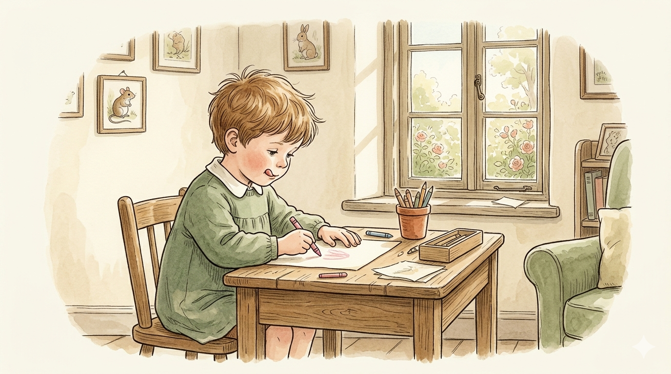 A child sitting at a desk with crayons, drawing something to send back