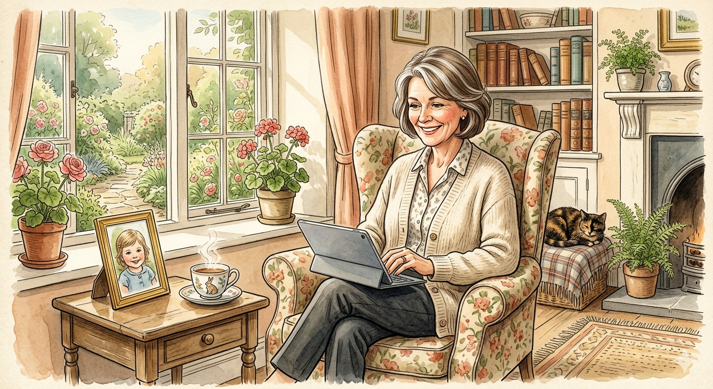 Grandparent writing a letter on a tablet