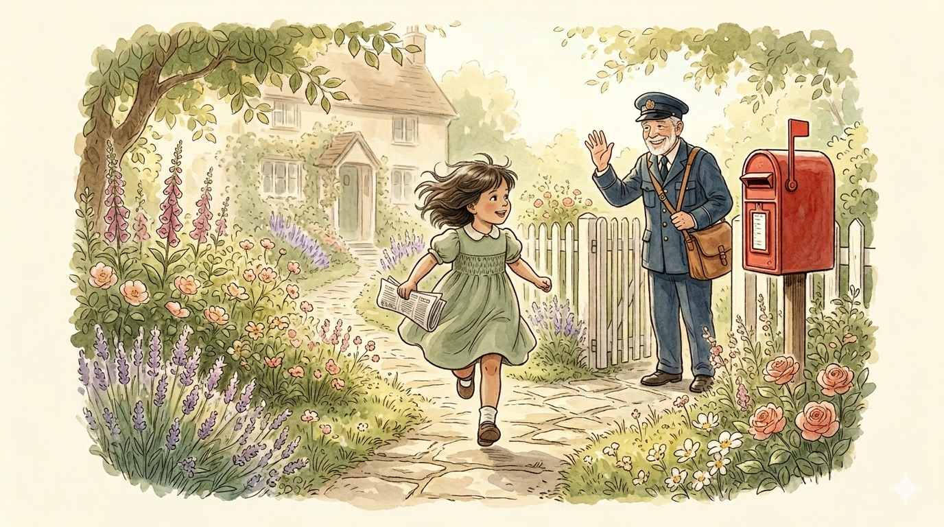 A girl running to the letterbox — Beatrix Potter style illustration
