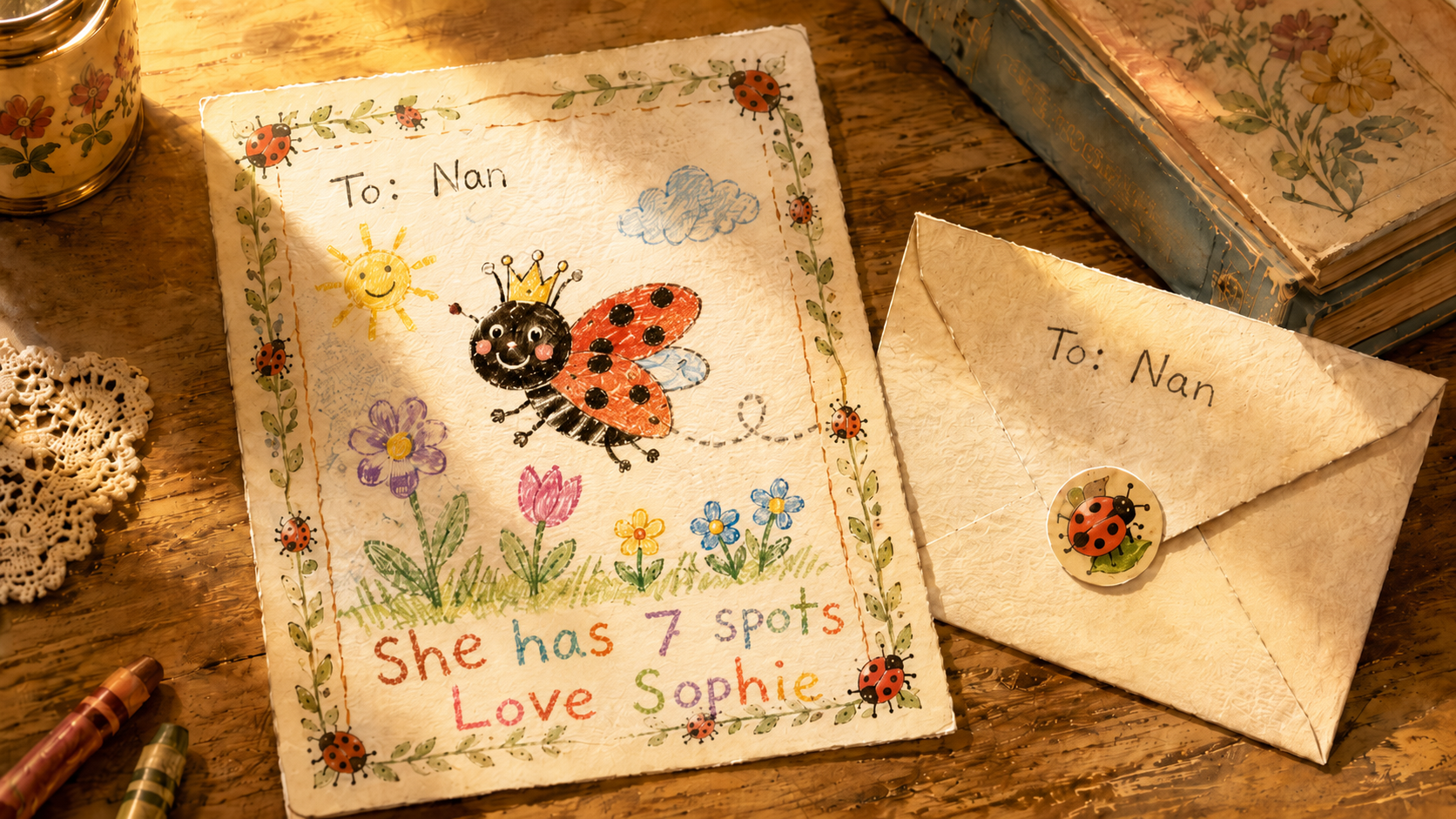 A child's handmade reply letter in an envelope